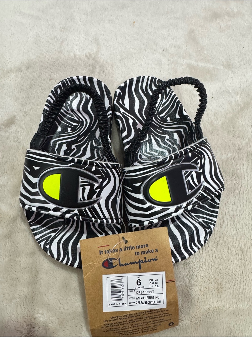 Champion Kids Zebra-Print Slide Sandals in Black & Yellow